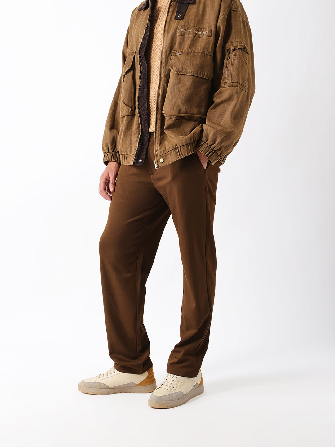 The Bear House DARK BROWN STRAIGHT FIT SOLID SMART CASUAL TROUSERS WITH FRONT PLEATS India