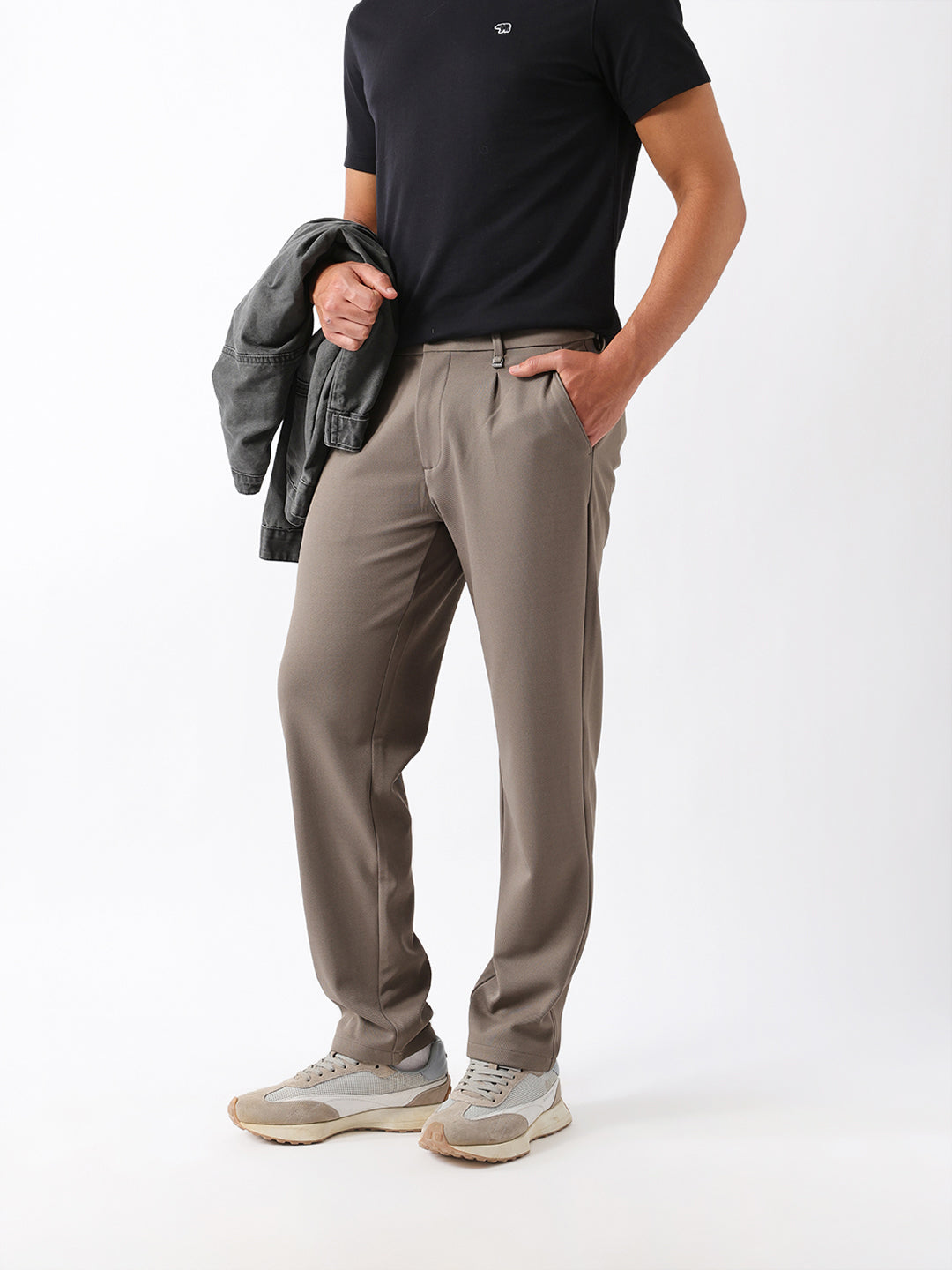 The Bear House BROWN STRAIGHT FIT SOLID SMART CASUAL TROUSERS WITH FRONT PLEATS India