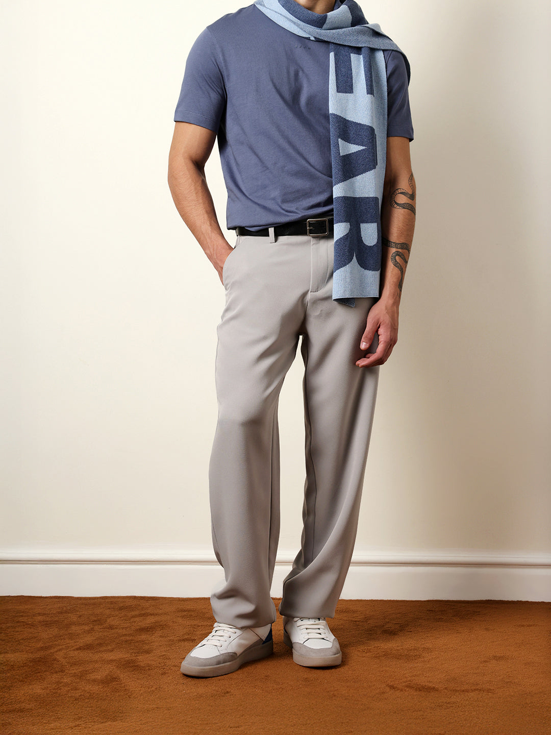 The Bear House LIGHT GREY SOLID RELAX FIT CASUAL TROUSERS WITH PARTIALLY ELASTICATED BACK WAISTBAND India