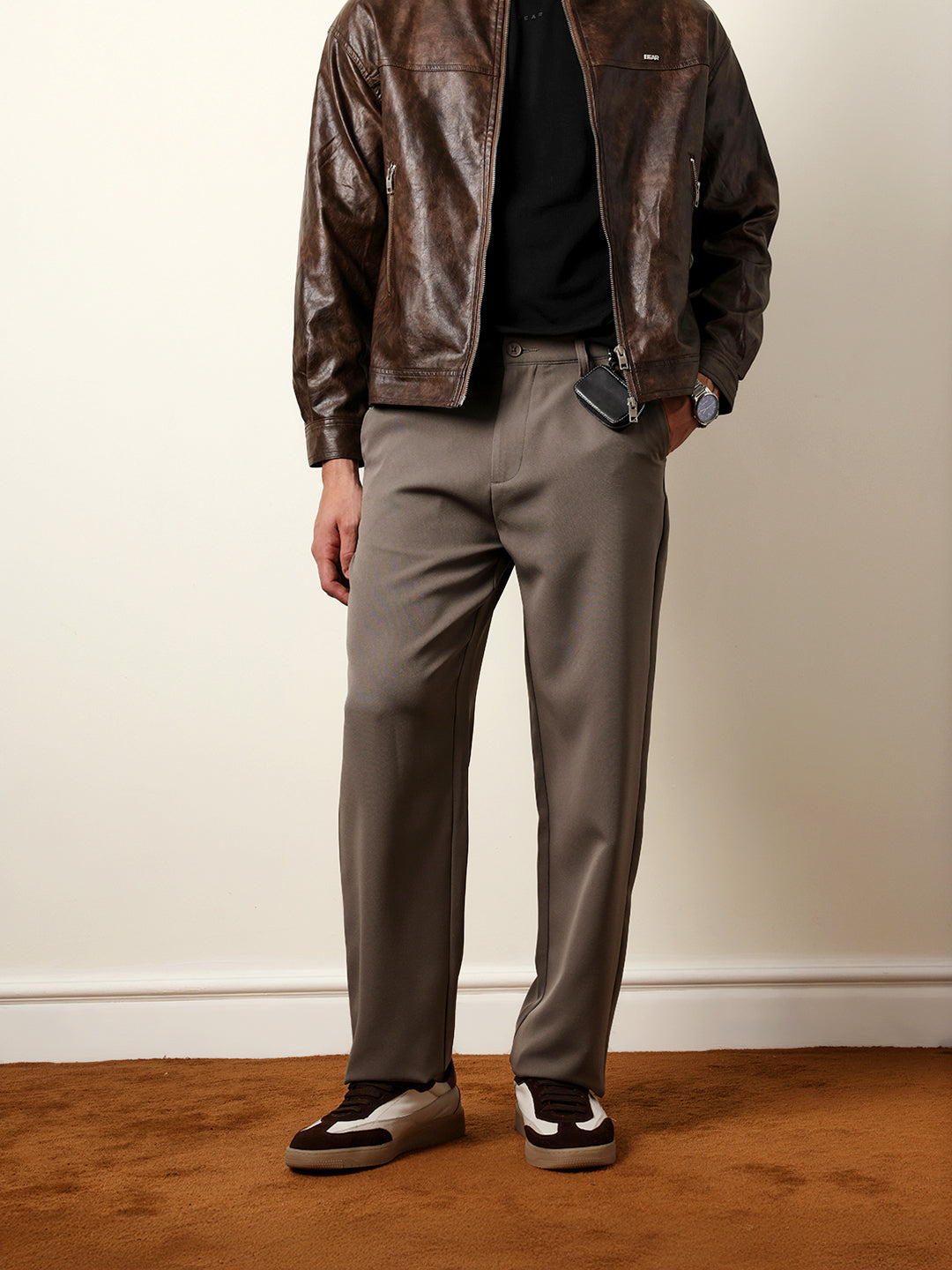 The Bear House BROWN SOLID RELAX FIT CASUAL TROUSERS WITH PARTIALLY ELASTICATED BACK WAISTBAND India