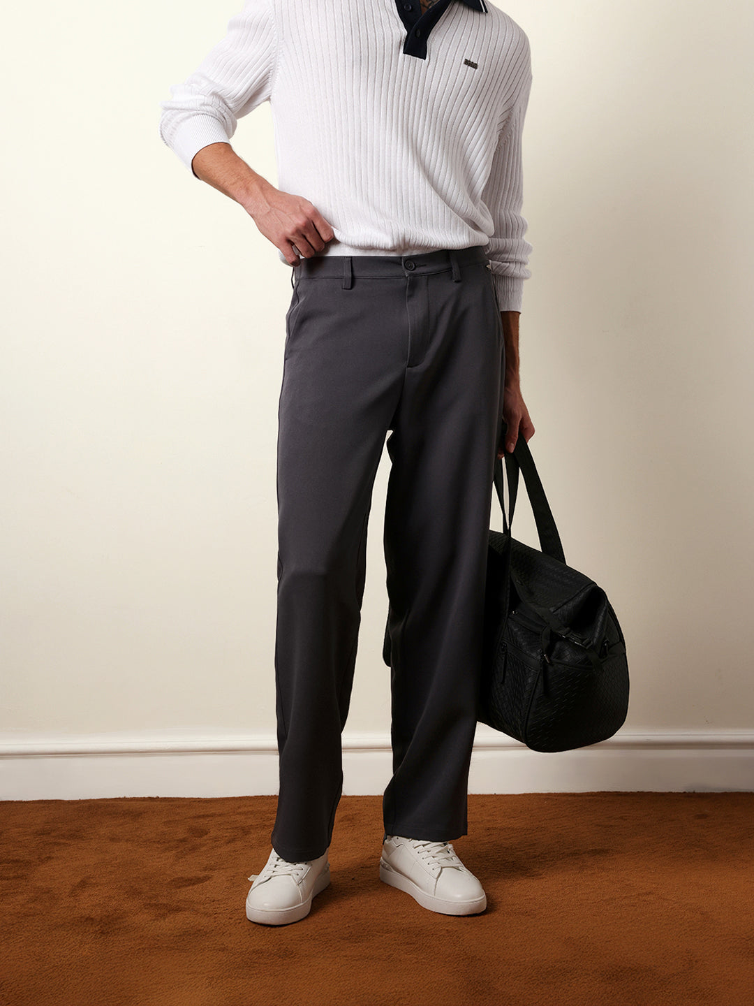 The Bear House GREY SOLID RELAX FIT CASUAL TROUSERS WITH PARTIALLY ELASTICATED BACK WAISTBAND India