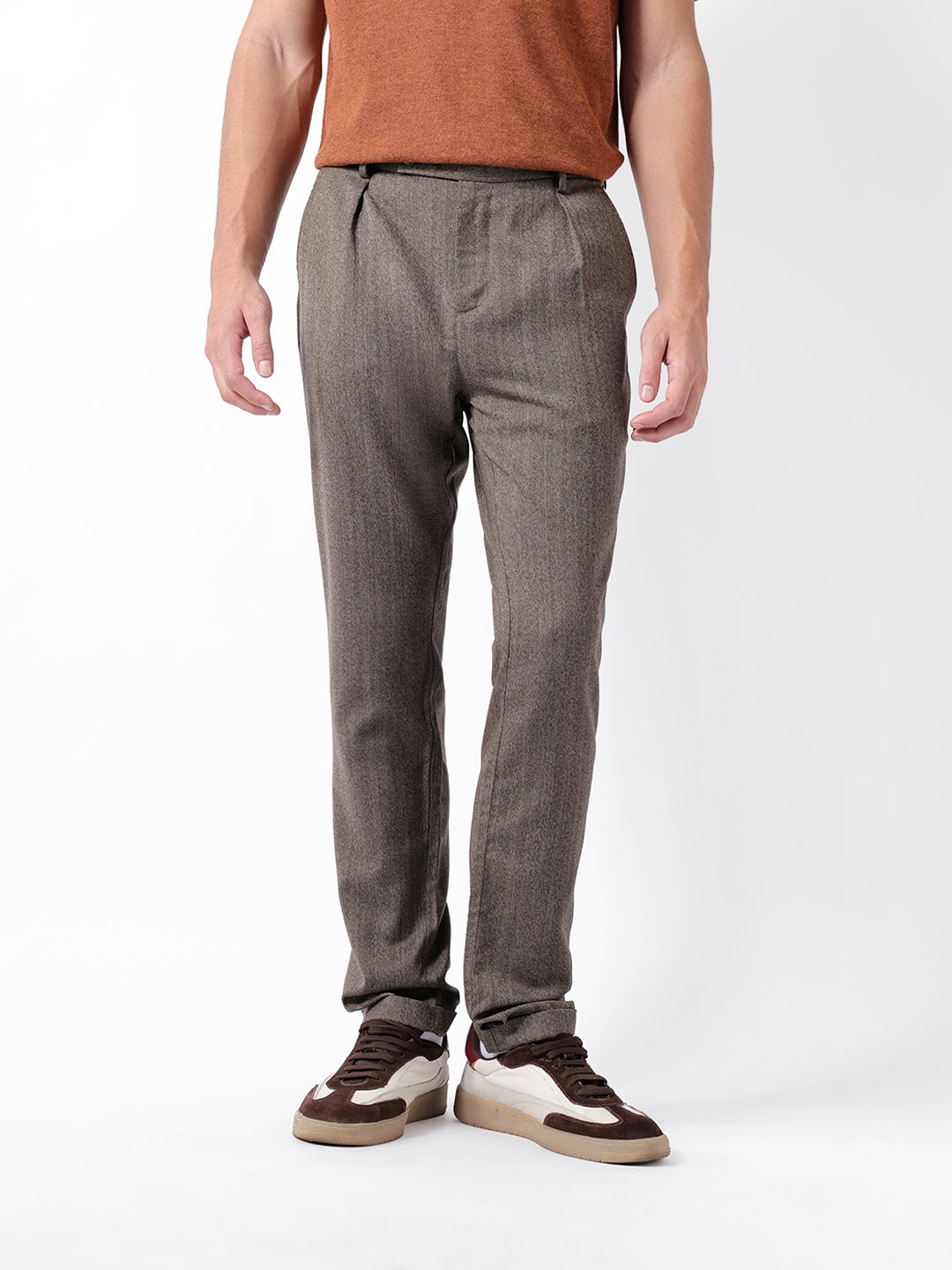The Bear House BROWN REGULAR FIT WOVEN STRIPE FORMAL TROUSERS WITH FRONT PLEAT