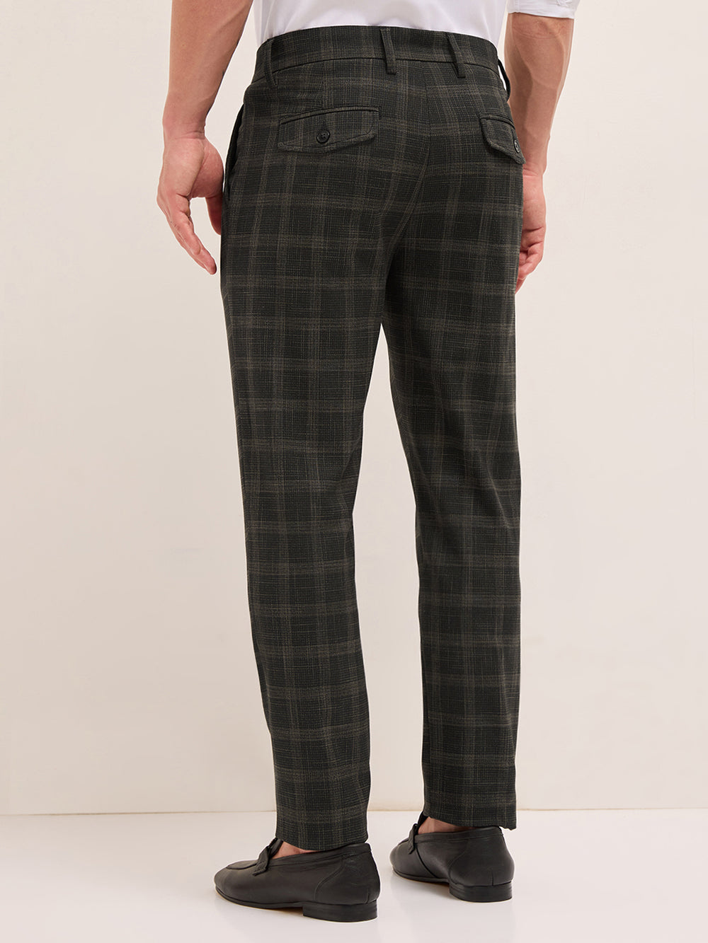 Black Woven Checked Regular Fit Formal Trousers by The Bear House