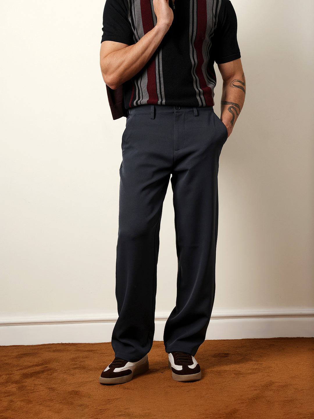 The Bear House DARK GREY SOLID RELAX FIT CASUAL TROUSERS WITH PARTIALLY ELASTICATED BACK WAISTBAND India