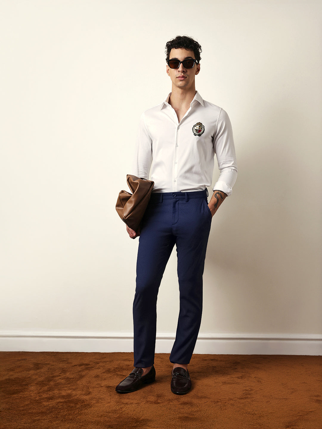 Shop Blue Solid Woven Slim Fit Formal Trousers Online | The Bear House