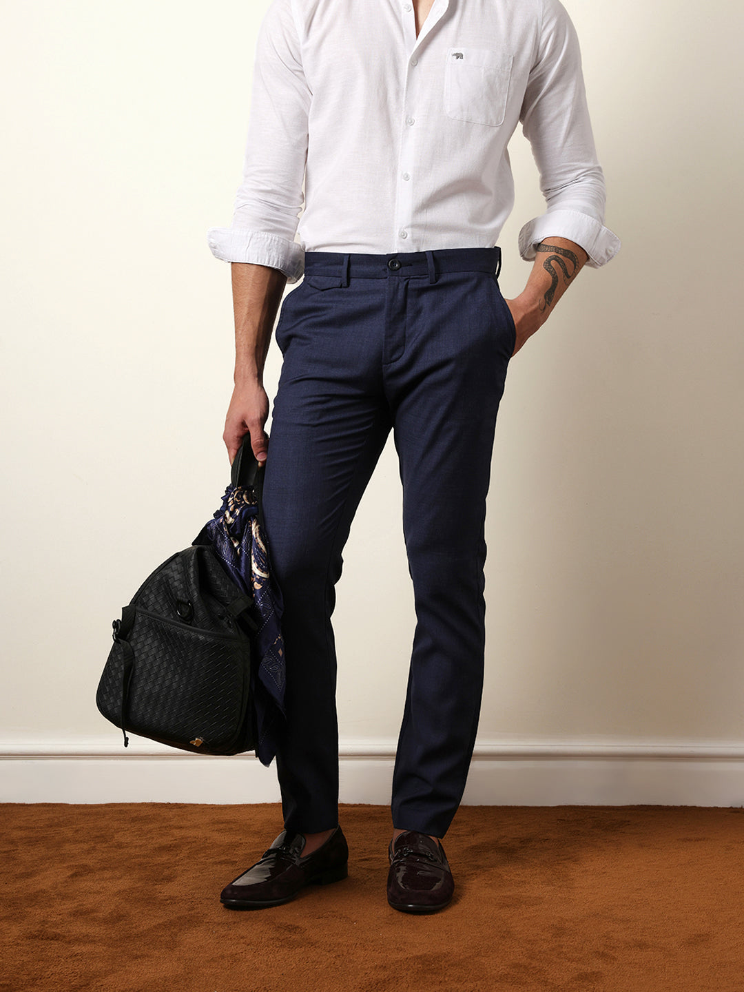 The Bear House BLUE SOLID WOVEN SLIM FIT FORMAL TROUSER India