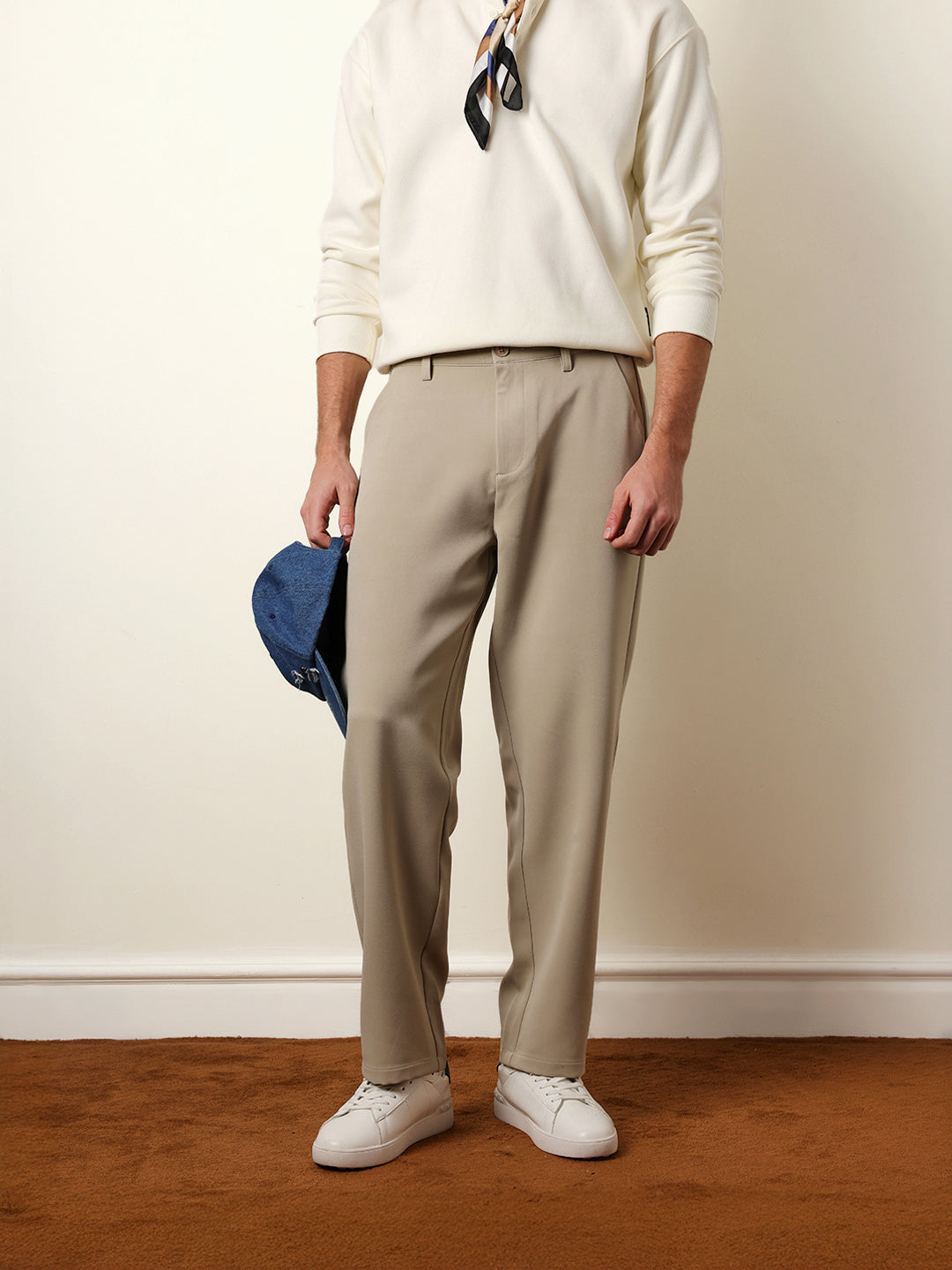 The Bear House BEIGE SOLID RELAX FIT CASUAL TROUSERS WITH PARTIALLY ELASTICATED BACK WAISTBAND India