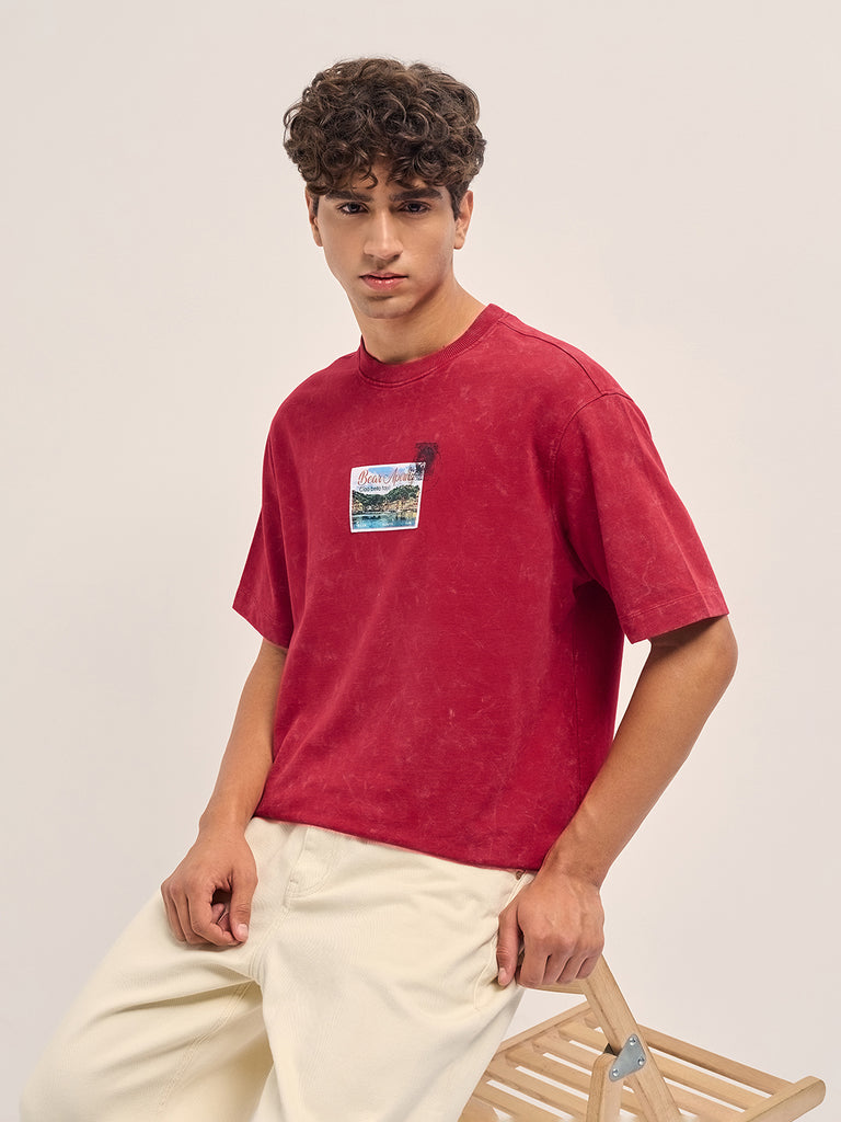 Shop Red Oversized Crew Neck T-Shirt with Postcard Graphic Print