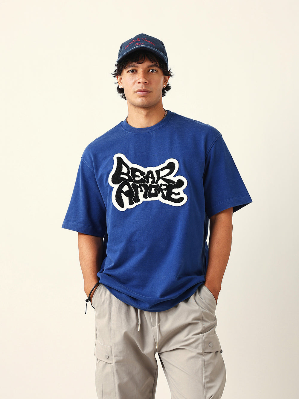 Blue Oversized T-shirt with “Bear Amore” Patch & Typographic Back Print by The Bear House