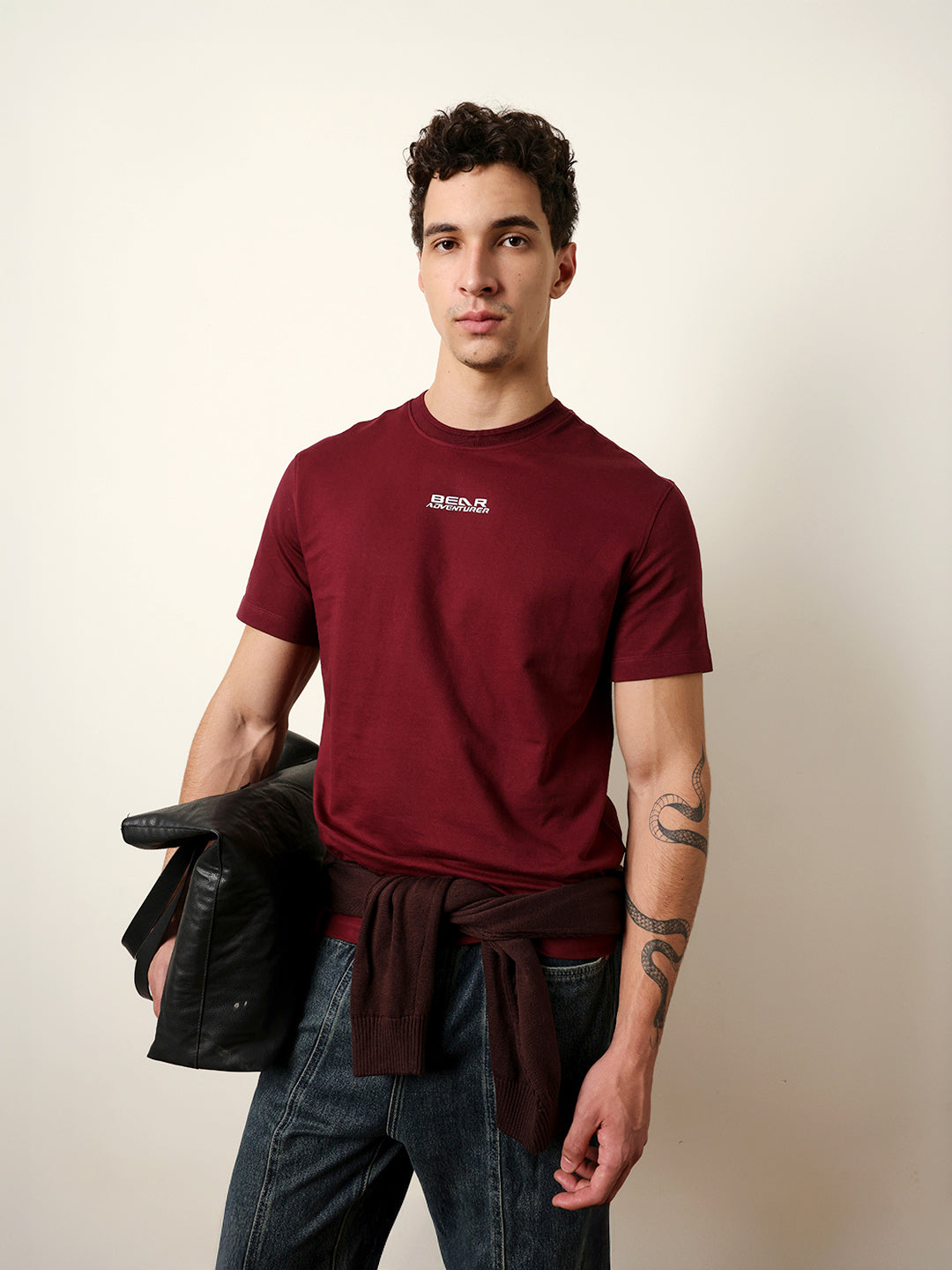 The Bear House OLIVE SOLID REGULAR FIT CREW NECK T-SHIRT WITH “BEAR ADVENTURER†LOGO India