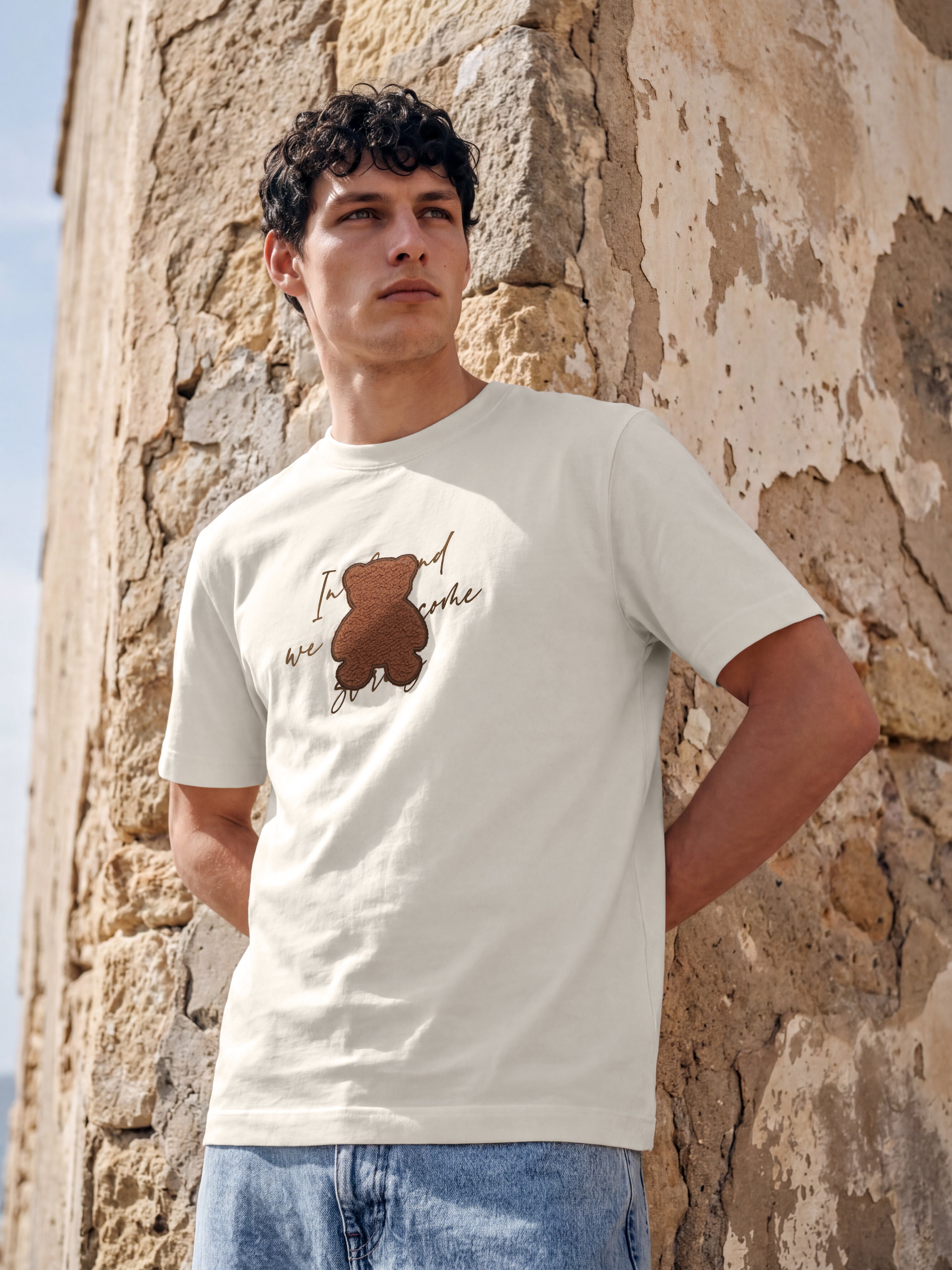 Shop Off White Regular Fit Crew Neck T-Shirt with Bear Appliqué