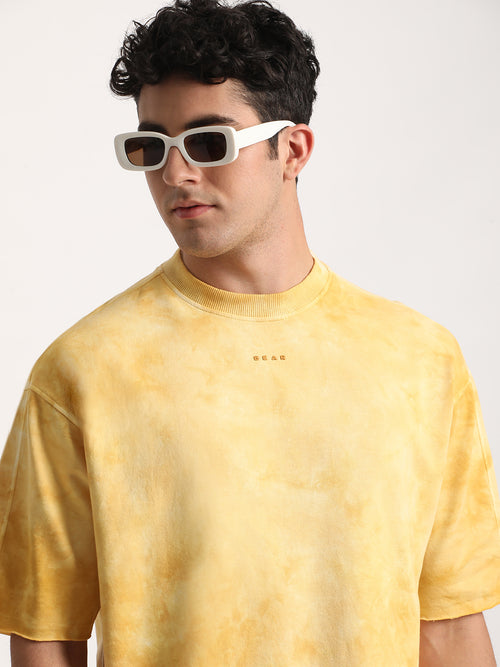 Men Yellow Tie and Dye Oversized Fit Round Neck T-shirt by The Bear House
