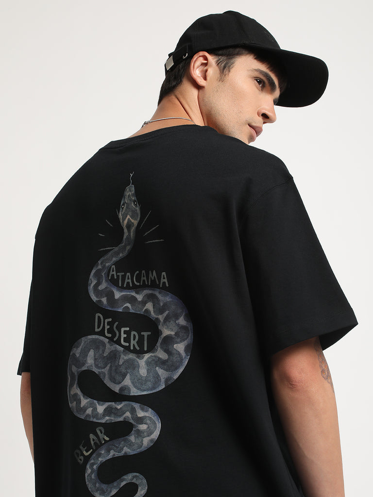 Shop Men Black Printed Oversized Fit Round Neck T-shirt Online
