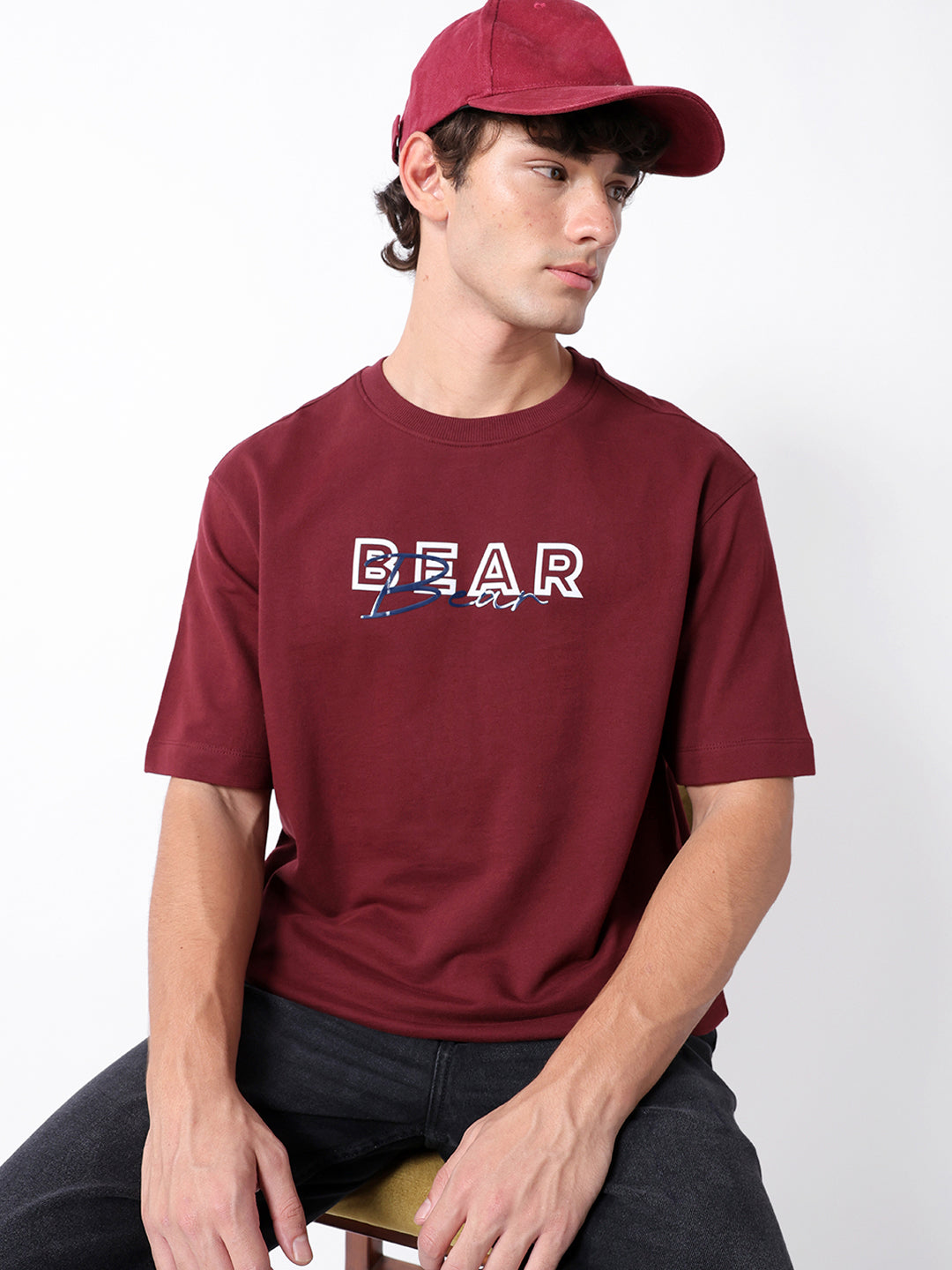 The Bear House BLACK OVERSIZED CREW NECK T-SHIRT WITH FRONT & BACK “BEAR†GRAPHIC PRINT India