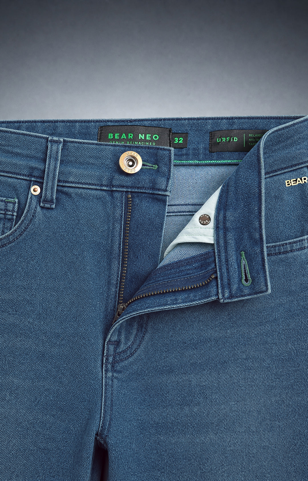 Bear Neo Mid Blue Mid-Rise Relaxed Fit Jeans with Light Fade by The Bear House