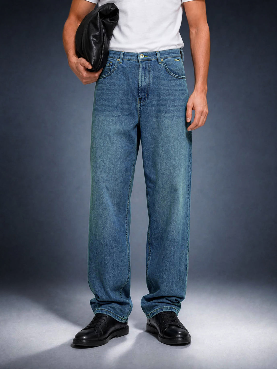 Bear Neo Mid Blue Mid-Rise Relaxed Fit Jeans with Light Fade by The Bear House
