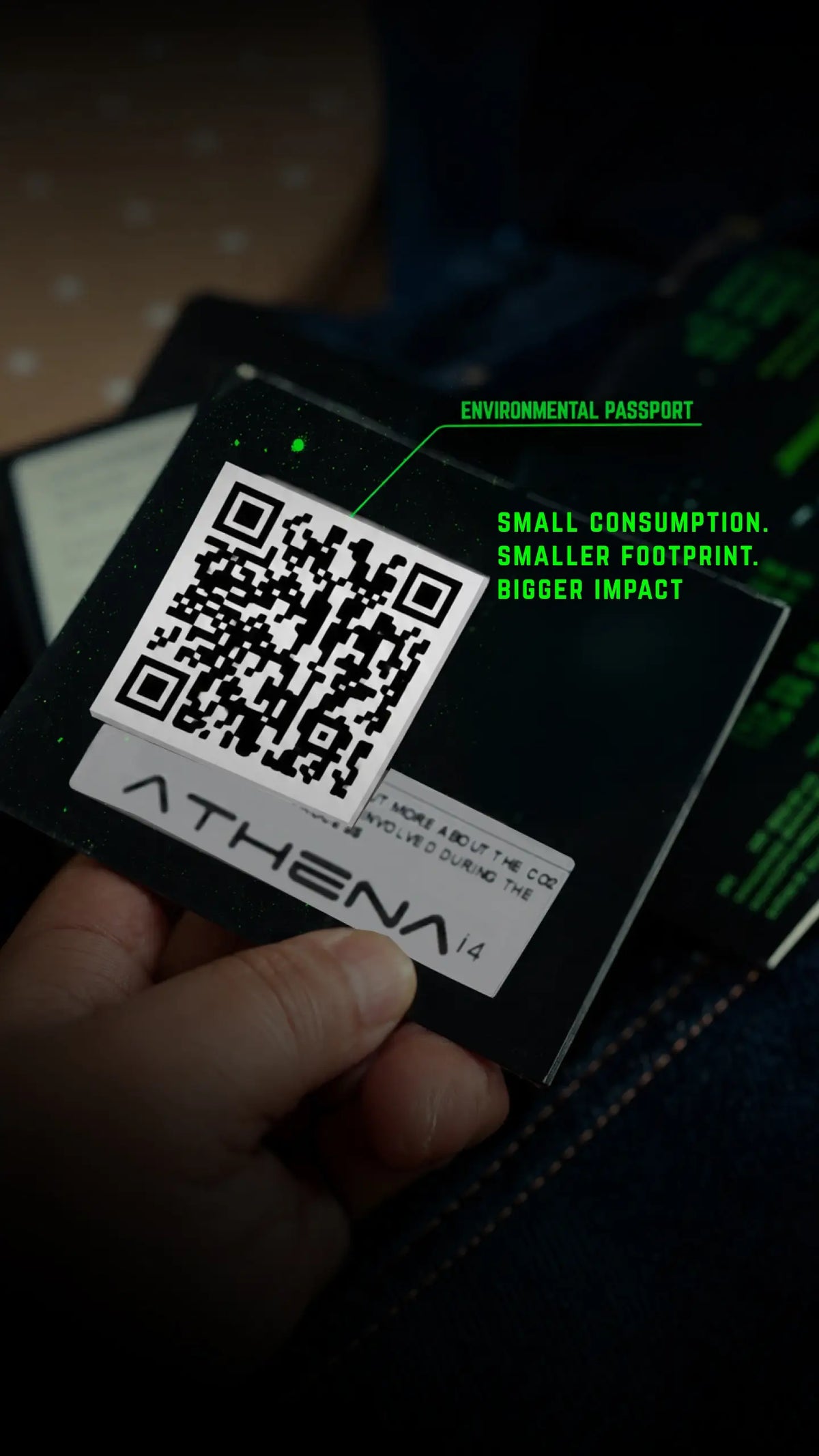 Environmental Passport - QR enabled sustainability tag on Bear Neo denim
