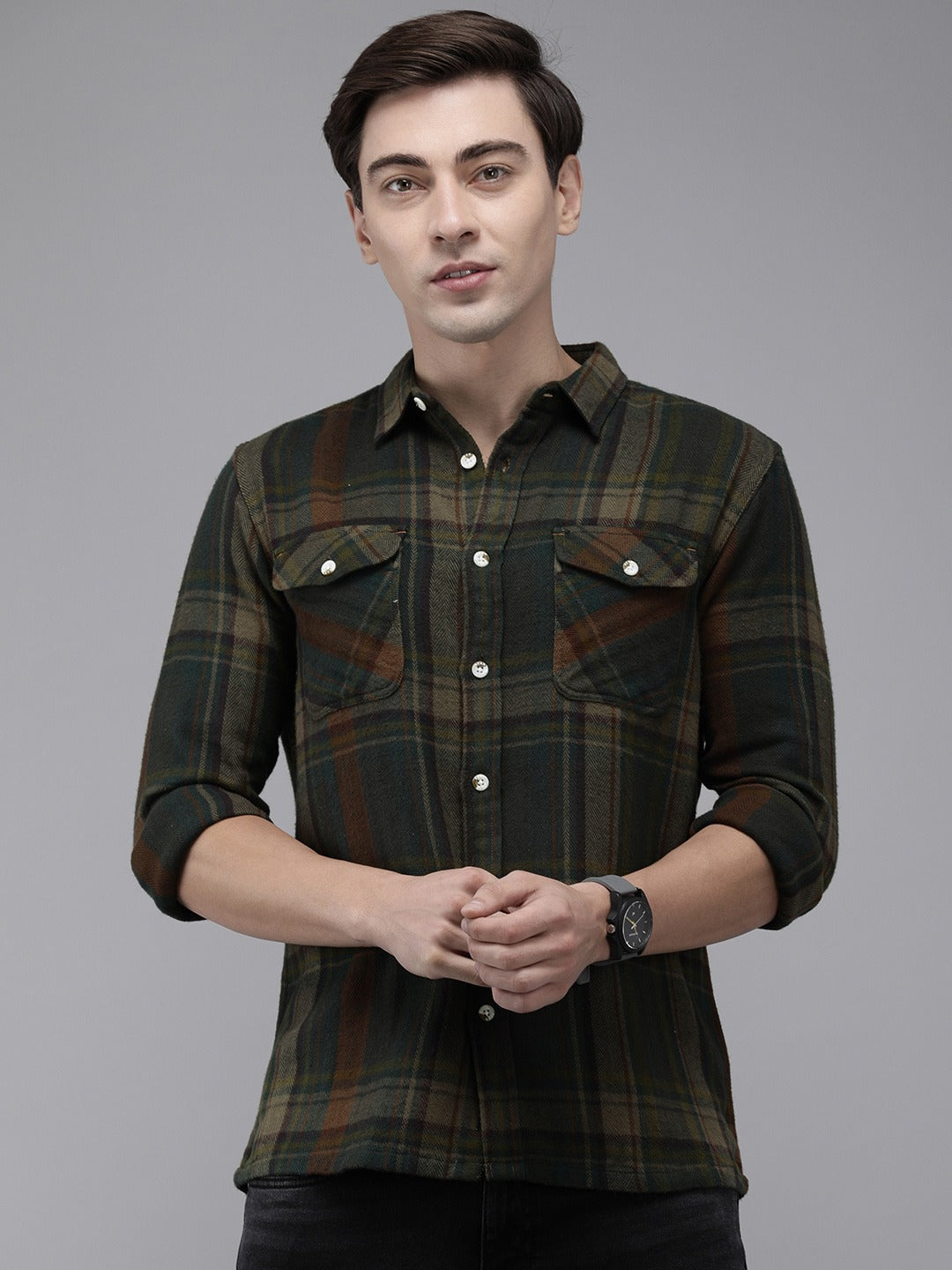 Fellis - Men's Olive Green Checked Slim Fit Flannel casual shirt | The Bear House