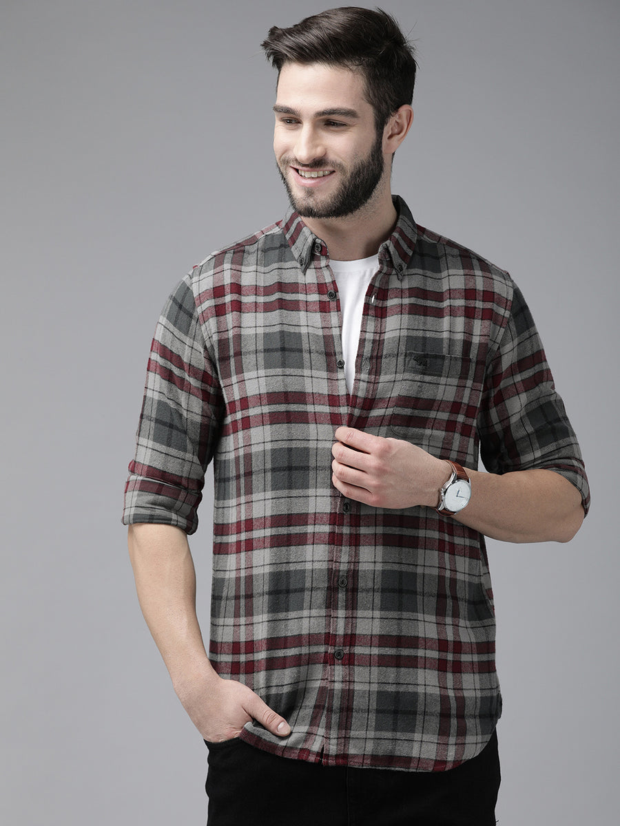 Shop Kamet Men Grey Checked Slim Fit Cotton Casual Shirt