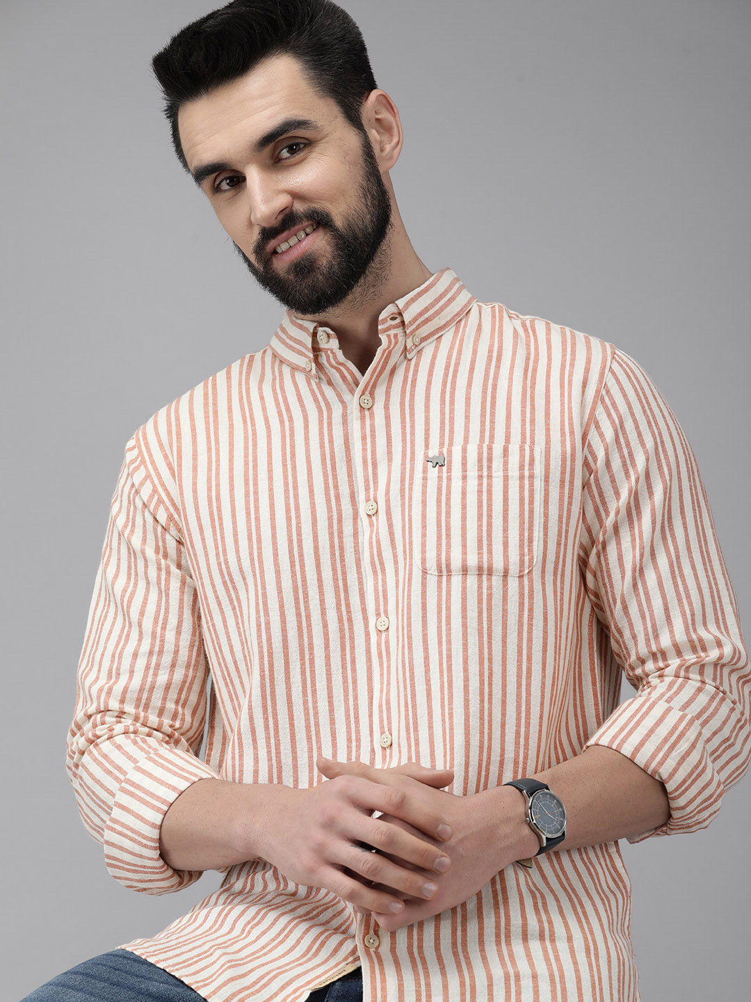 Men's Slim Fit Striped Linen Cotton Casual Shirt - Orb