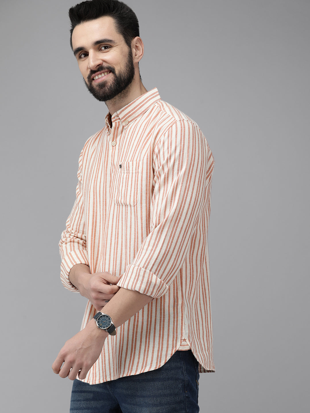 Orb Shirt - Men's Off White & Orange Slim Fit Striped Linen Cotton Casual Shirt | TBH