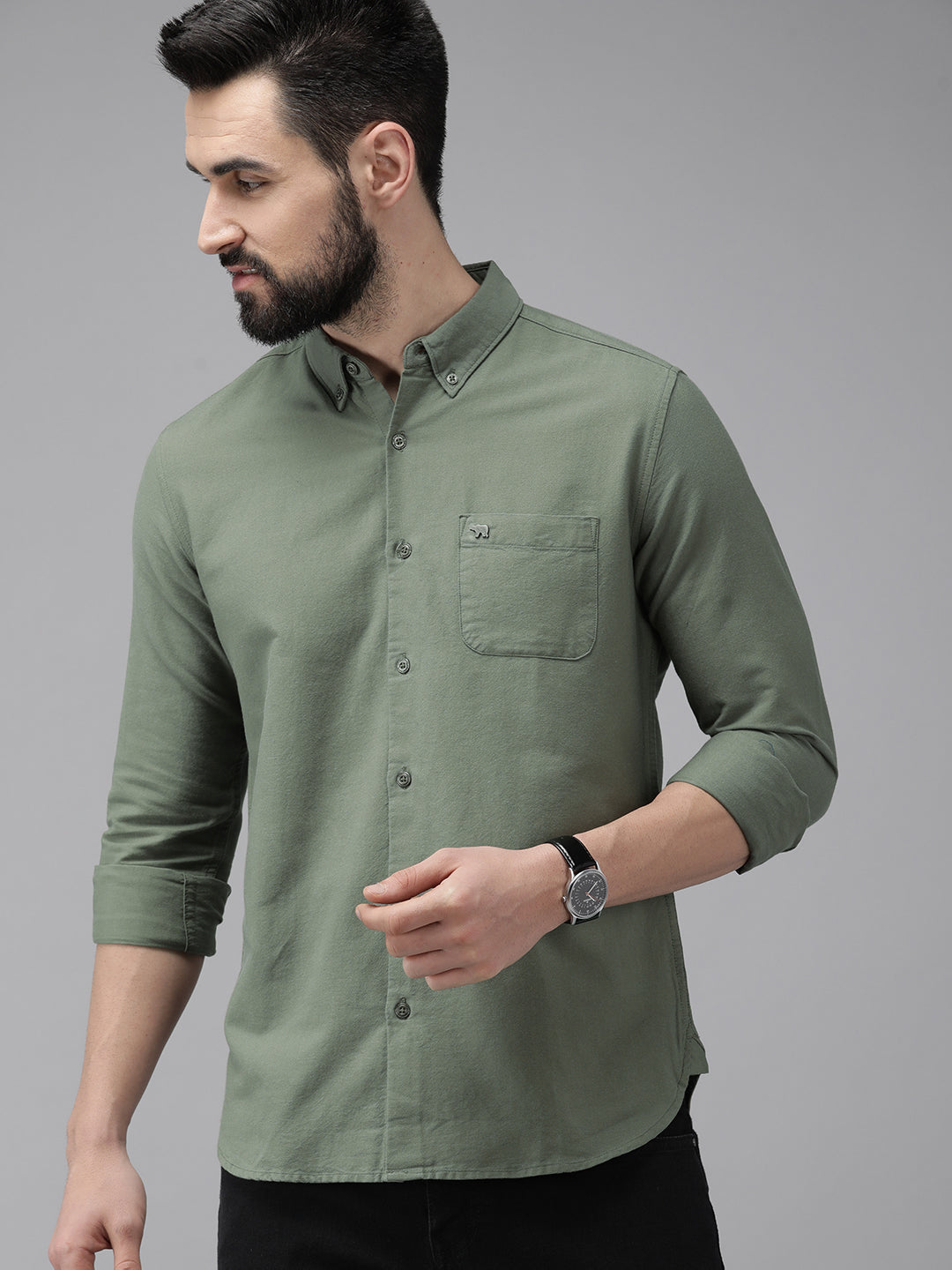 Wragen - Men's Olive Green Solid Slim Fit Cotton Casual Shirt | The Bear House